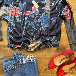 NWT chinoiserie silk and gray shirt Anthropologie